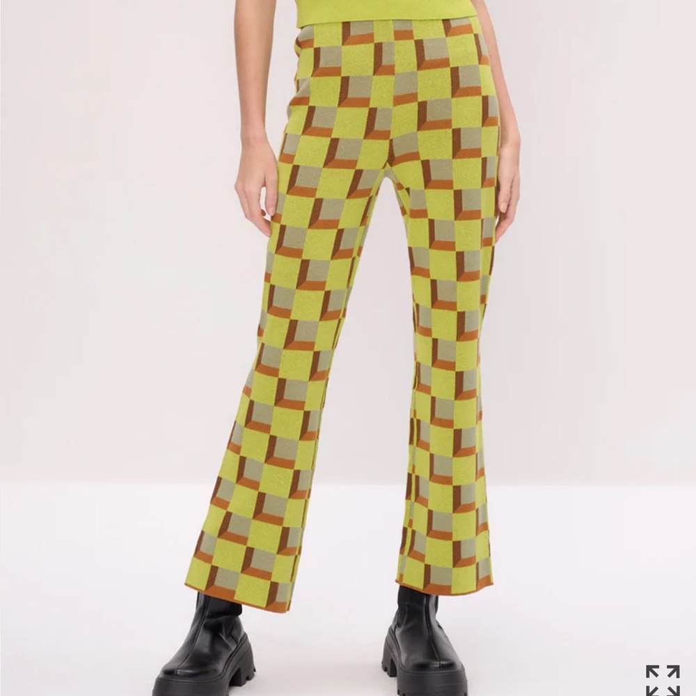 NWT Another Girl Nancy Retro Checkered Knit Trouser Pant Brown Chartreuse sz Med